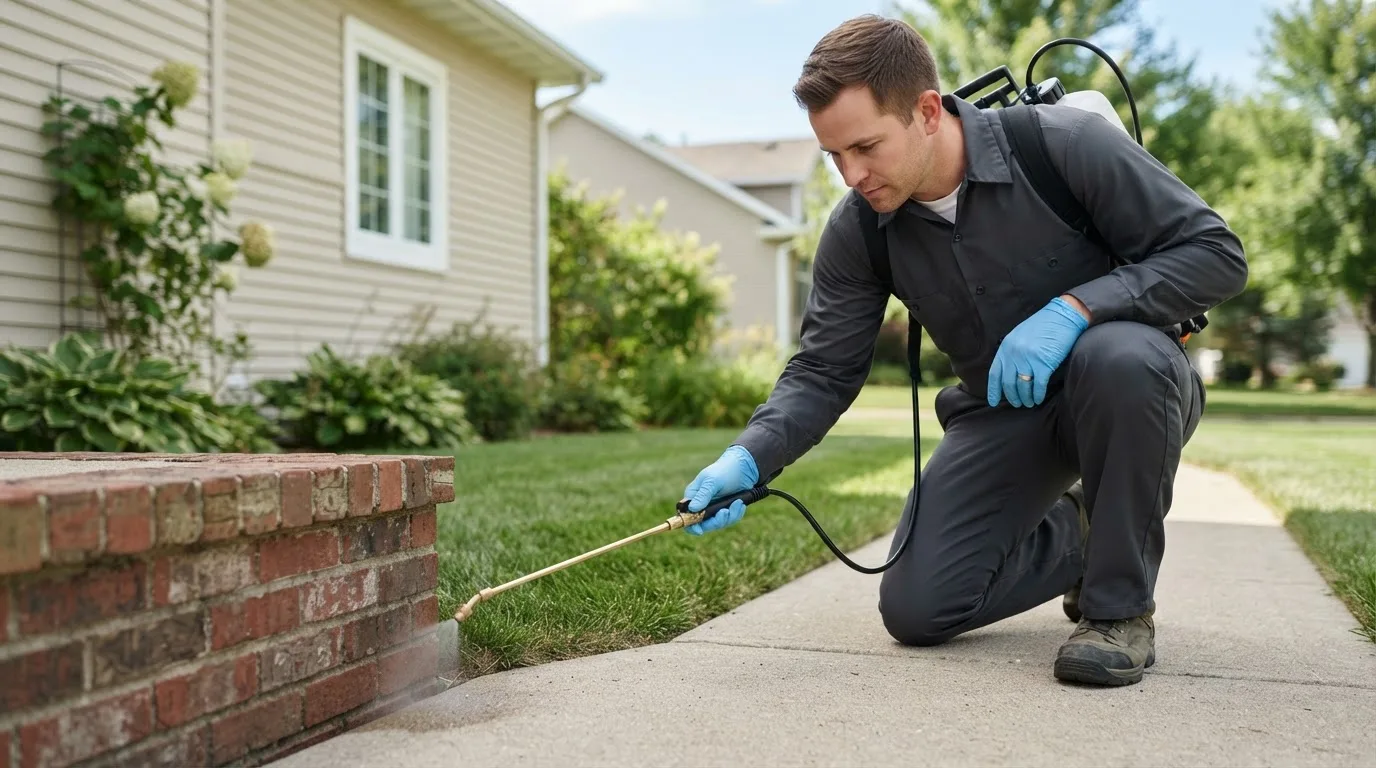 Pest control technician treating a home near Rushville, IL