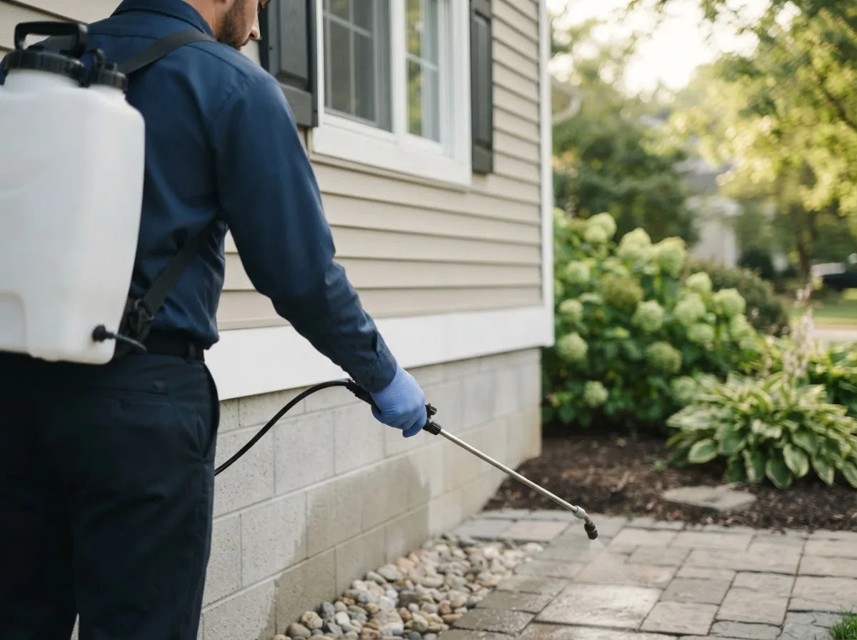 Pest control technician inspecting a home in Rushville, IL